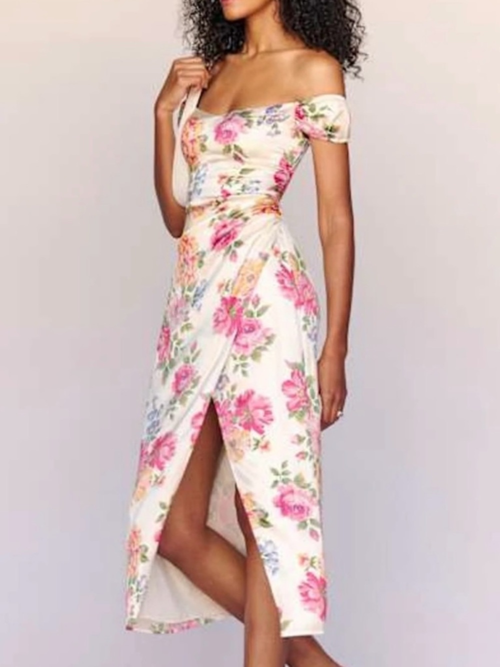 Reformation Floral High Low Dress - Cream and Pink